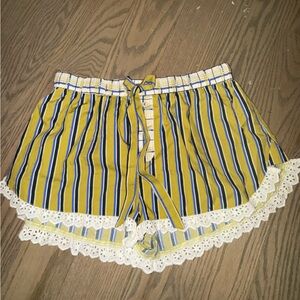 Anthropology Striped Green and Blue pajama shorts with Lace Trim